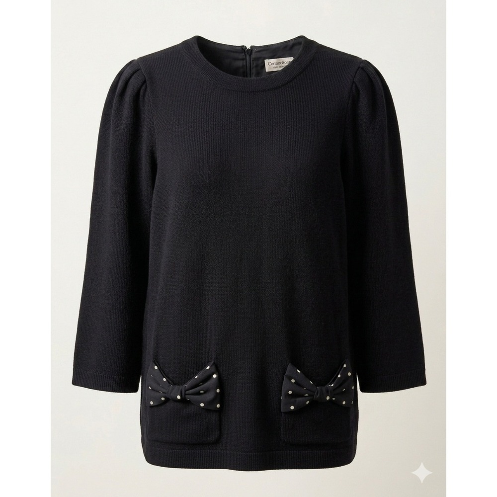 Connections Polka Dot Bow Pockets Knit Top Black Puff Sleeve‎ M 10 Vintage Cute